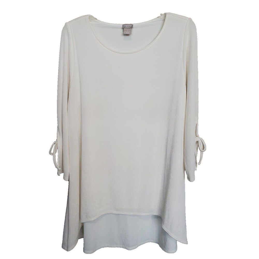 Chico's Travelers Ivory Slinky Knit Tie-Sleeve High-Low Hem Tunic Size 1 Medium